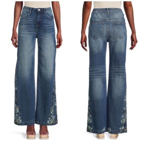 DRIFTWOOD Denim - NWT Driftwood Cameron Chloe Bluebell Jeans Size 27 Wide Leg‎ Embroidered Denim